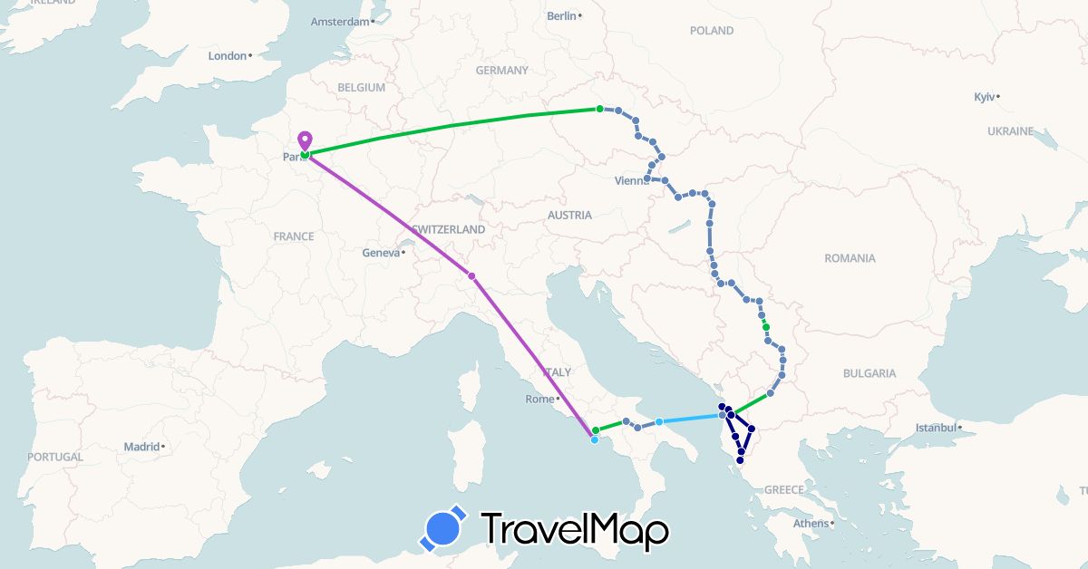 TravelMap itinerary: driving, bus, cycling, train, boat in Albania, Austria, Czech Republic, France, Hungary, Italy, Macedonia, Serbia, Slovakia (Europe)